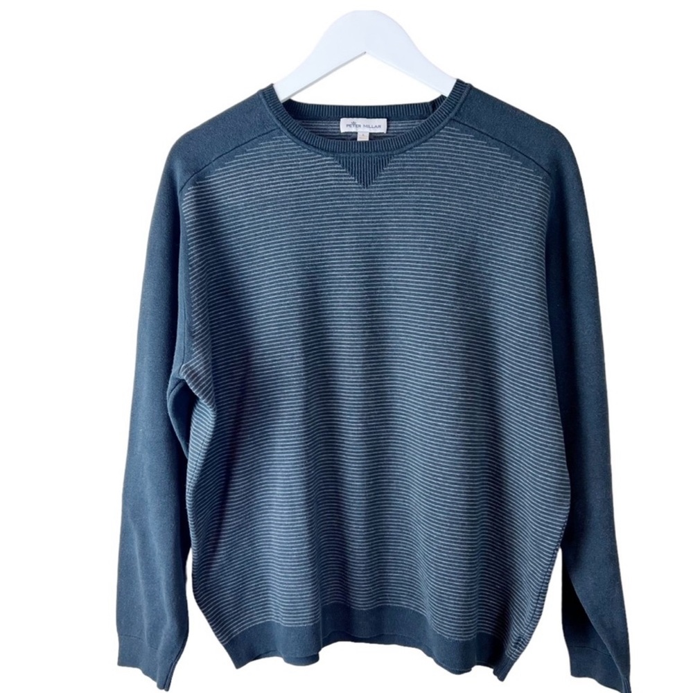 Peter Millar Crown Sport Mens Sweater Large Grey Crewneck Striped Silk Blend